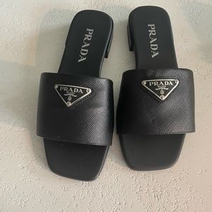 Prada Calfskin Logo Slides Sandals